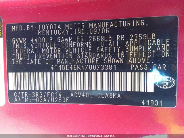 2007 TOYOTA CAMRY CE VIN: 4T1BE46K47U073381