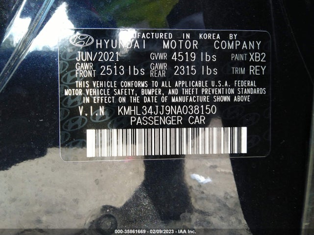 2022 Hyundai Sonata, VIN: KMHL34JJ9NA038150