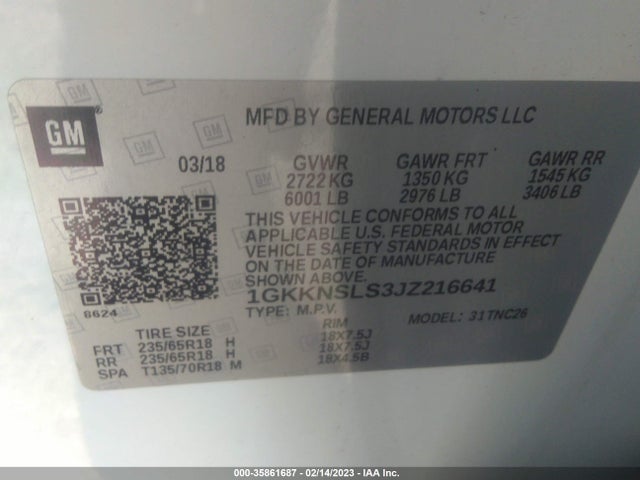 2018 GMC ACADIA SLE VIN: 1GKKNSLS3JZ216641
