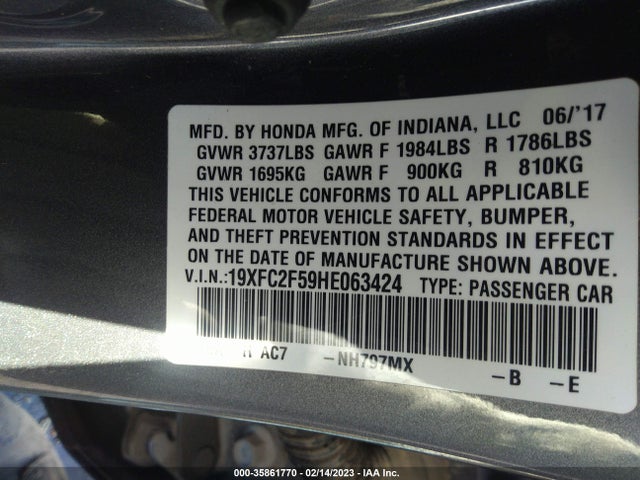 Honda Civic Sedan Lx 2017 19XFC2F59HE063424 Image 10