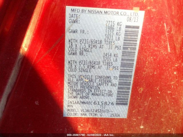 5N1AR2MN4EC615826 Nissan Pathfinder Sv