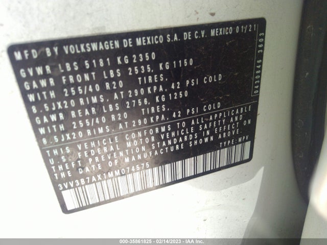 2021 VOLKSWAGEN TIGUAN SE/SE R-LINE BLACK/SEL VIN: 3VV3B7AX1MM074575