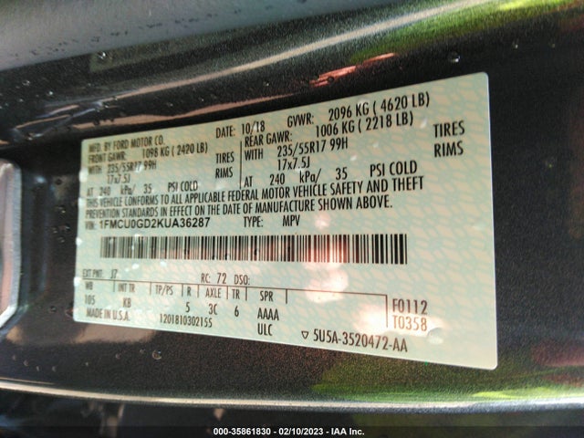 2019 Ford Escape, VIN: 1FMCU0GD2KUA36287