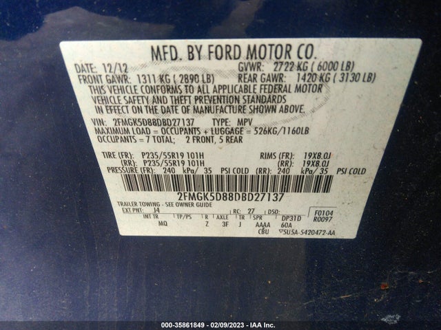 2013 FORD FLEX LIMITED VIN: 2FMGK5D88DBD27137