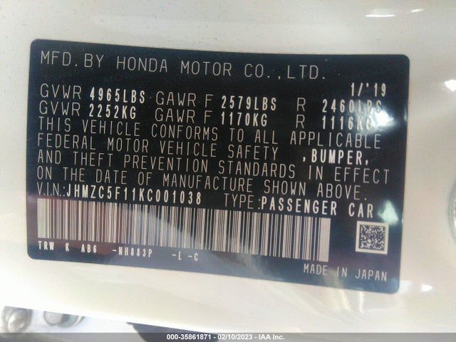 2019 Honda Clarity, VIN: JHMZC5F11KC001038
