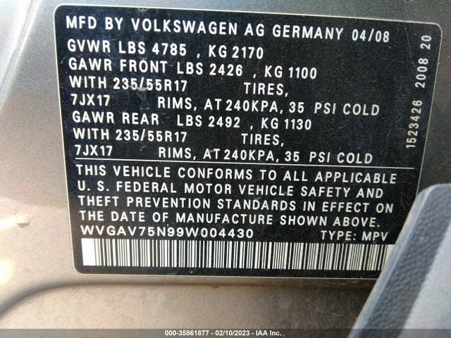 2009 VOLKSWAGEN TIGUAN S/SE/SEL/SE W/LEATHER VIN: WVGAV75N99W004430