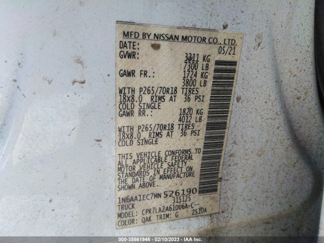 2021 Nissan Titan, VIN: 1N6AA1EC7MN526190