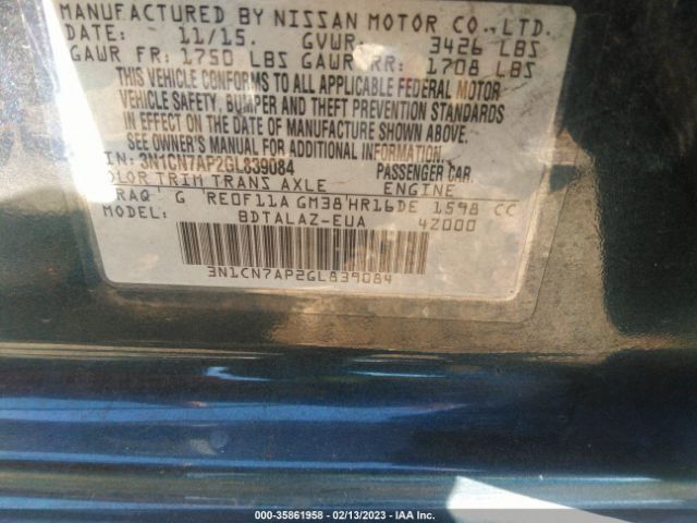 3N1CN7AP2GL839084 Nissan Versa S Plus