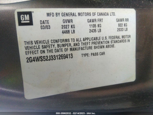 2003 BUICK CENTURY CUSTOM VIN: 2G4WS52J331269413