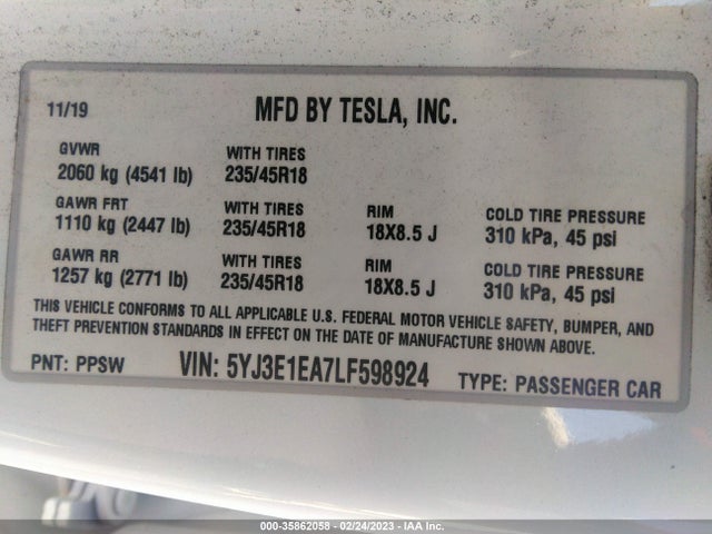 Tesla Model 3 Standard Range 2020 5YJ3E1EA7LF598924 Image 10
