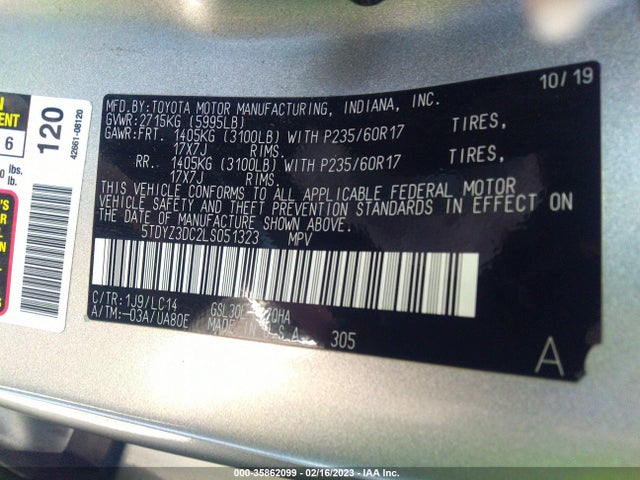 2020 TOYOTA SIENNA XLE AUTO ACCESS VIN: 5TDYZ3DC2LS051323