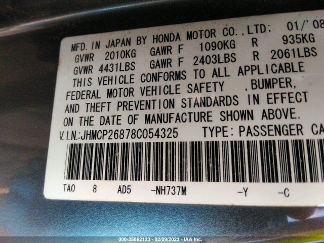 2008 HONDA ACCORD SDN EX-L VIN: JHMCP26878C054325
