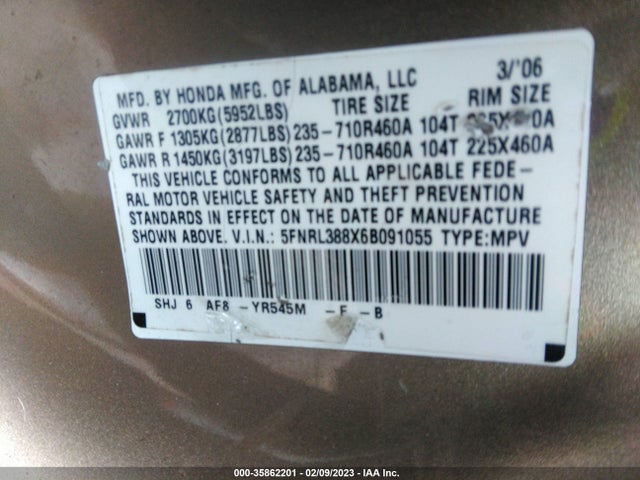 2006 HONDA ODYSSEY TOURING VIN: 5FNRL388X6B091055