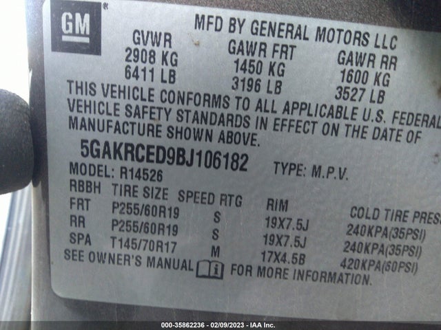 2011 BUICK ENCLAVE CXL-2 VIN: 5GAKRCED9BJ106182