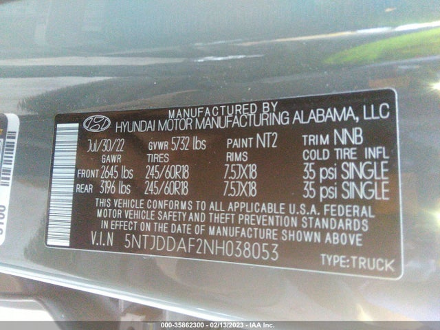 2022 HYUNDAI SANTA CRUZ SEL PREMIUM VIN: 5NTJDDAF2NH038053