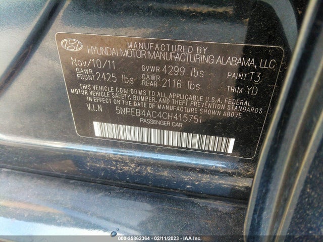 2012 HYUNDAI SONATA GLS PZEV VIN: 5NPEB4AC4CH415751