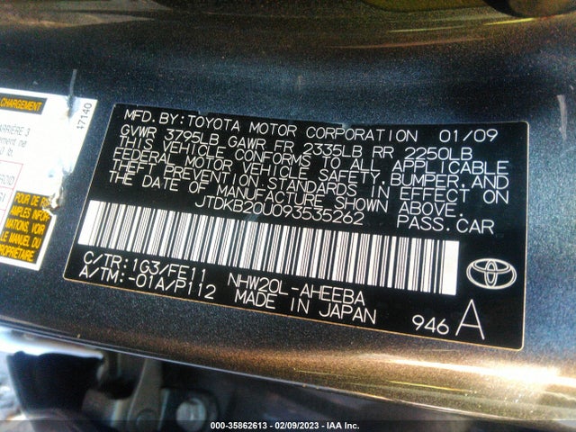 2009 TOYOTA PRIUS VIN: JTDKB20U093535262