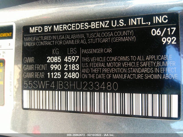 55SWF4JB3HU233480 Mercedes-Benz C-class C 300