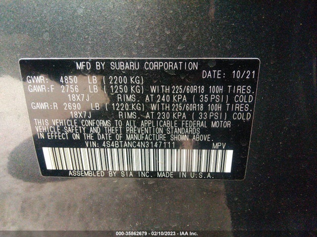 2022 Subaru Outback, VIN: 4S4BTANC4N3147111