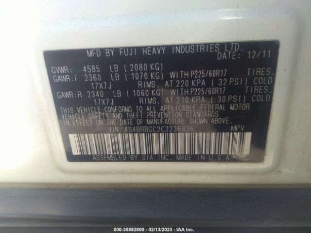 4S4BRBGC2C3236836 Subaru Outback 2.5i Prem
