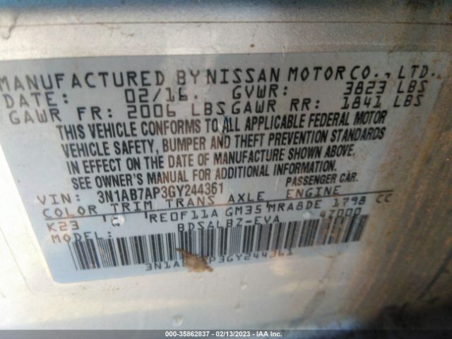 3N1AB7AP3GY244361 Nissan SENTRA S