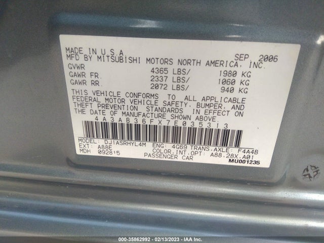 2007 MITSUBISHI GALANT ES/SE VIN: 4A3AB36FX7E035313