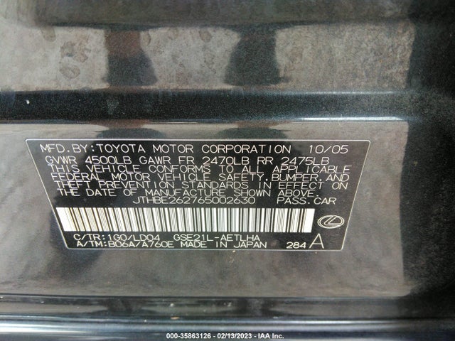 JTHBE262765002630 Lexus Is 350 Auto