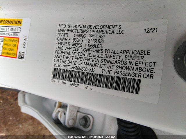 2022 HONDA CIVIC HATCHBACK SPORT VIN: 19XFL2H86NE007332