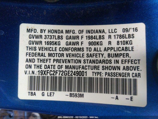 Honda Civic Sedan Ex 2016 19XFC2F72GE249001 Image 9