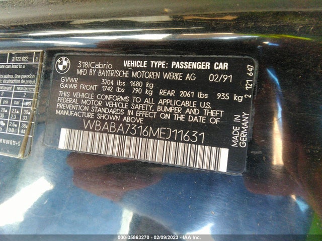 1991 BMW 318 I VIN: WBABA7316MEJ11631