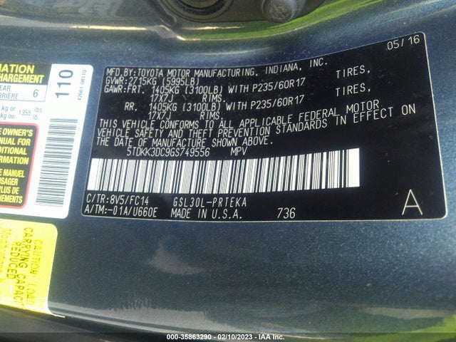 2016 Toyota Sienna, VIN: 5TDKK3DC9GS749556