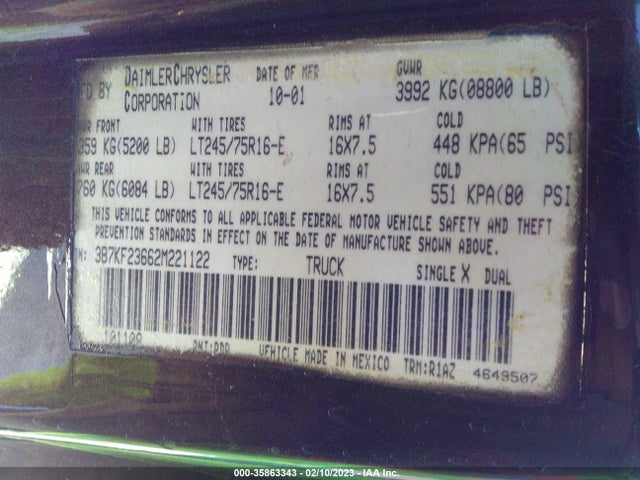 Dodge RAM 2500 2002 3B7KF23662M221122 Image 10