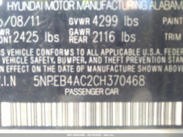 2012 HYUNDAI SONATA GLS VIN: 5NPEB4AC2CH370468