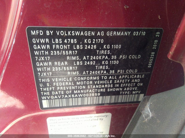 2010 VOLKSWAGEN TIGUAN WOLFSBURG VIN: WVGAV7AX5AW003559