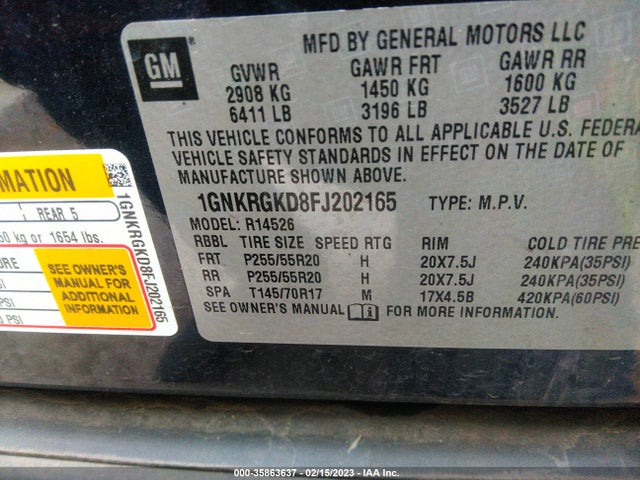 Chevrolet Traverse Lt 2015 1GNKRGKD8FJ202165 Image 10