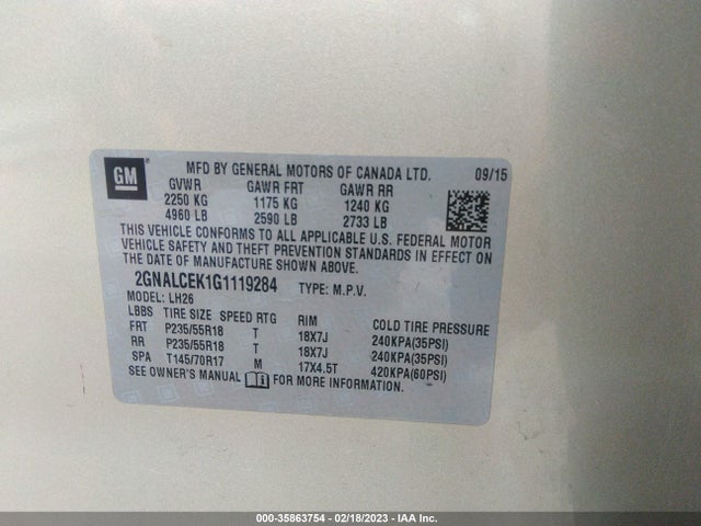 Chevrolet EQUINOX LT 2016 2GNALCEK1G1119284 Image 9