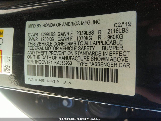 2019 HONDA ACCORD SEDAN LX 1.5T VIN: 1HGCV1F10KA053963