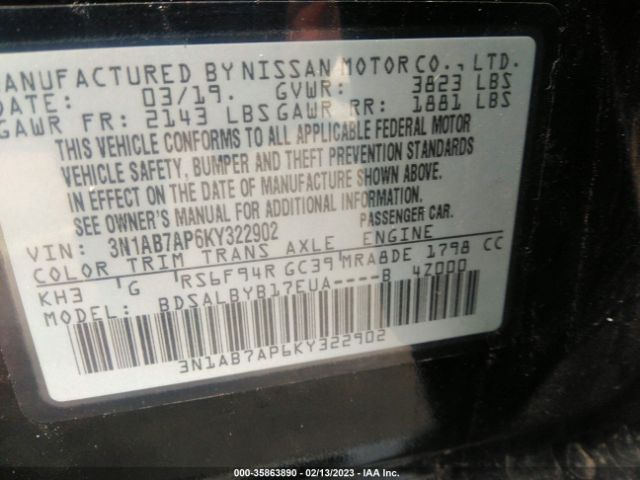 3N1AB7AP6KY322902 Nissan SENTRA S
