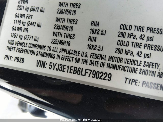 Tesla Model 3 Long Range 2020 5YJ3E1EB6LF790229 Image 11