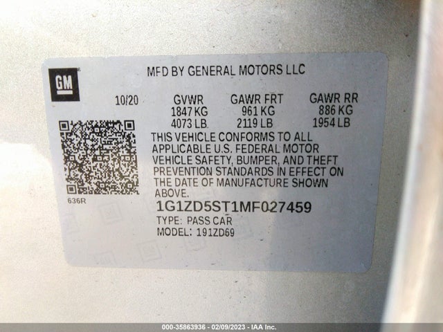 Chevrolet MALIBU LT 2021 1G1ZD5ST1MF027459 Image 9