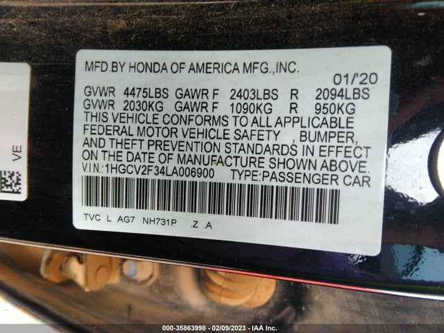 2020 HONDA ACCORD SEDAN SPORT VIN: 1HGCV2F34LA006900