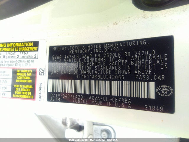 2020 Toyota Camry, VIN: 4T1G11AK8LU343066
