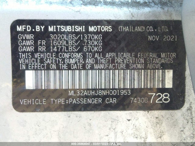2022 Mitsubishi Mirage, VIN: ML32AUHJ8NH001953