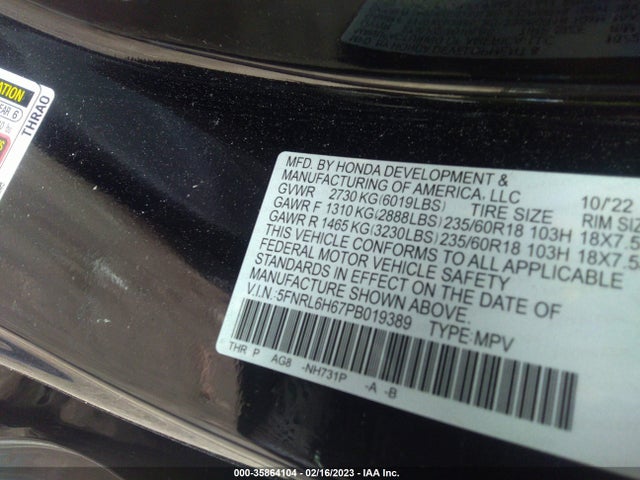 2023 Honda Odyssey, VIN: 5FNRL6H67PB019389