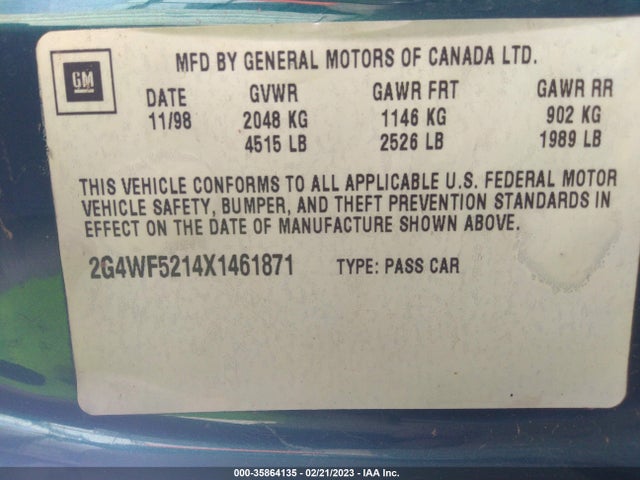 1999 BUICK REGAL GS/GSE VIN: 2G4WF5214X1461871