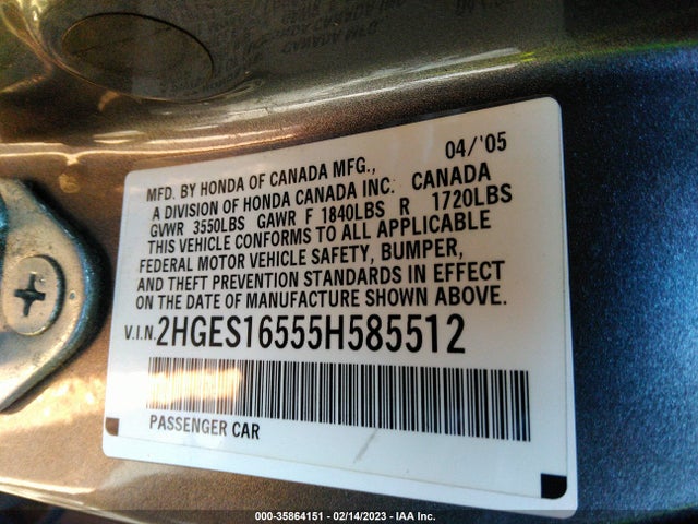 2005 HONDA CIVIC SDN LX VIN: 2HGES16555H585512
