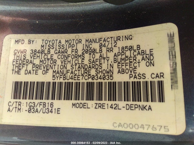 2012 TOYOTA COROLLA L/LE/S VIN: 5YFBU4EE7CP034035