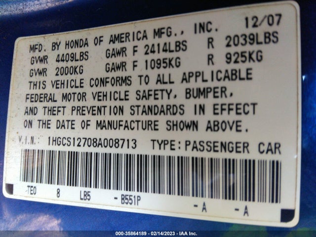 2008 HONDA ACCORD CPE EX VIN: 1HGCS12708A008713