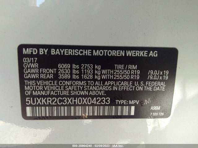 2017 BMW X5 SDRIVE35I VIN: 5UXKR2C3XH0X04233