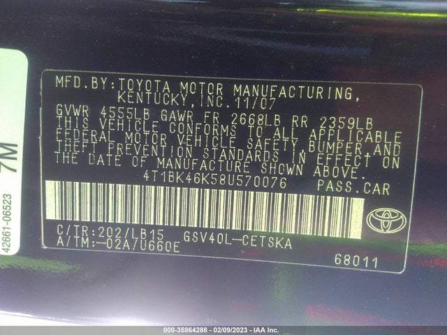 2008 TOYOTA CAMRY SE VIN: 4T1BK46K58U570076